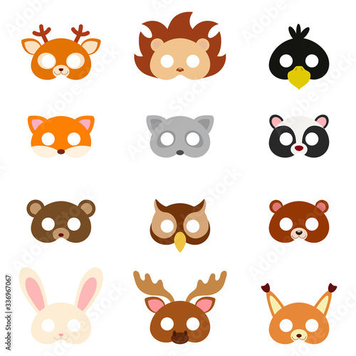 Set of assorted animal masks on face, dress-up, party accessory, DIY animal paper masks, photo booth props masks