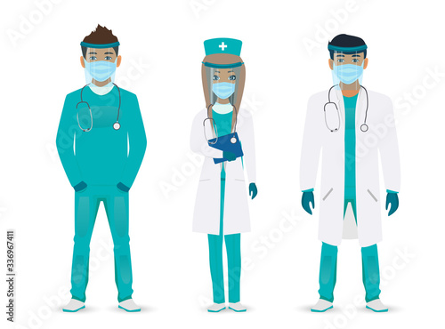 Medical staff. Doctors team in masks on a white background. Vector illustration in a flat style.