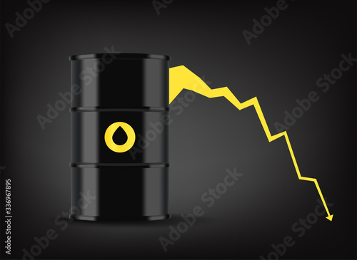 Oil price graphic. Black metal barrel with oil