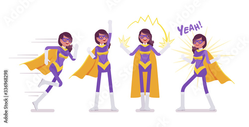 Female super hero in attractive costume with cloak. Effective wonder warrior, superpower sexy woman with superior combat, battle skills, successful lady. Vector flat style cartoon illustration