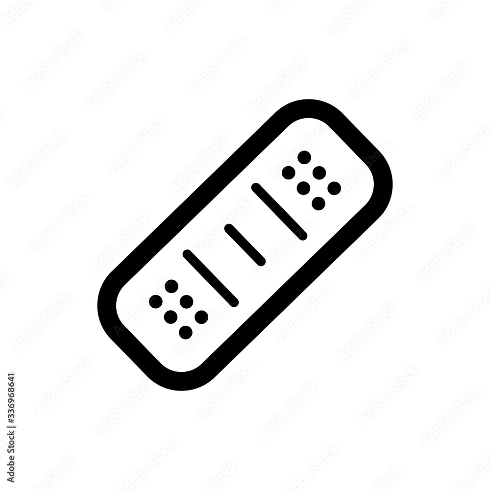 Band aid icon. Black icon isolated on white background. Medical patch silhouette. Simple icon. Web site page and mobile app design vector element. Band aid icon. Black icon isolated on white background. Medical patch silhouette. Simple icon. Web site page and mobile app design vector element.