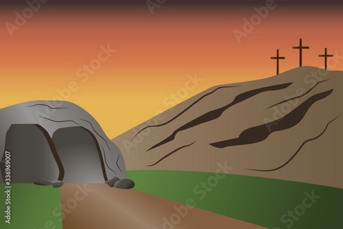 An empty tomb with three crosses in the distance. Vector illustration.