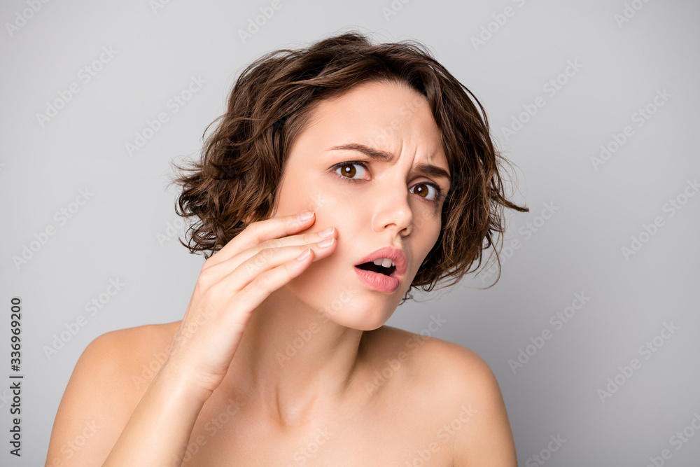It cant be wrinkle, Portrait of worried frustrated girl look in mirror see problem oily skin need ideal fresh bodycare rejuvenation procedure touch hands isolated over gray color background It cant be wrinkle, Portrait of worried frustrated girl look in mirror see problem oily skin need ideal fresh bodycare rejuvenation procedure touch hands isolated over gray color background