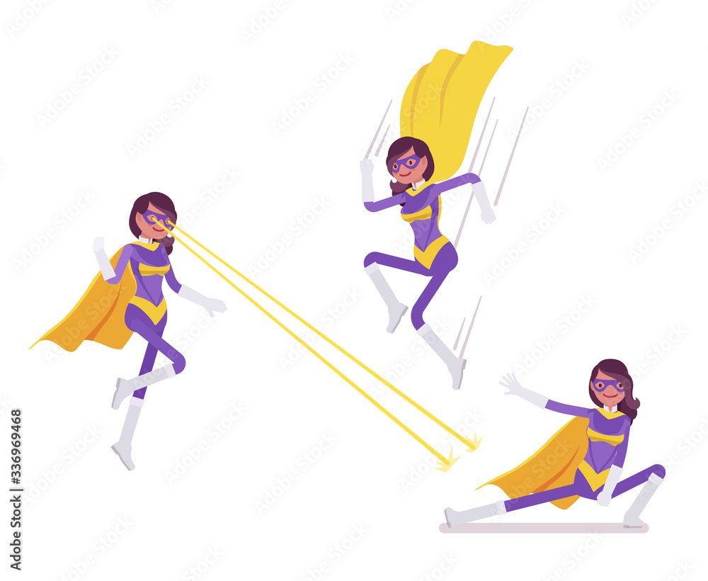 Female super hero in attractive costume and cloak jumping, attacking. Effective wonder warrior, superpower sexy woman with combat, battle skill, successful lady. Vector flat style cartoon illustration