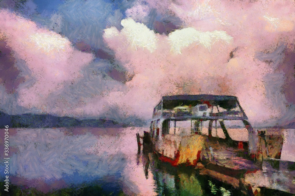 Fototapeta premium The sea and the sky where the ferry is parked Illustrations creates an impressionist style of painting.