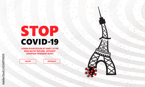 Paris Tower standing on cell of coronavirus covid-19 like on soccer ball. French symbol of tower which struggling with coronavirus epidemic in France banner.