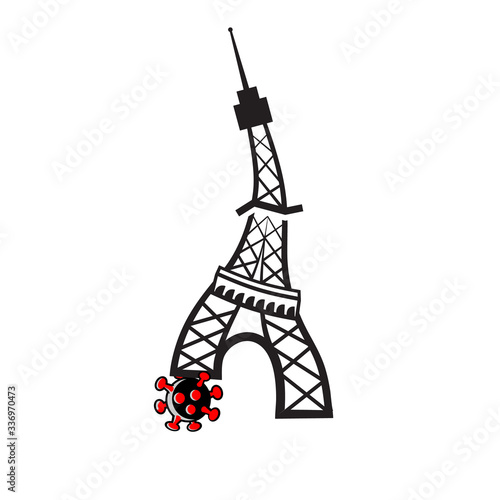 Paris Tower standing on cell of coronavirus covid-19 like on soccer ball. Vector french symbol of tower which struggling with coronavirus epidemic in France.