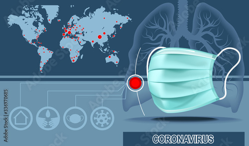 Antibacterial mask on the background of the lungs and with infected points on the map of the earth.