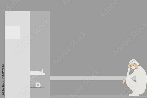 Vector - Doctor wearing white uniform, cap, mask and face shield sitting on ground floor in hospital. Feel tired, dissatisfied, sadness. Health care concept. Copy space for any text design.