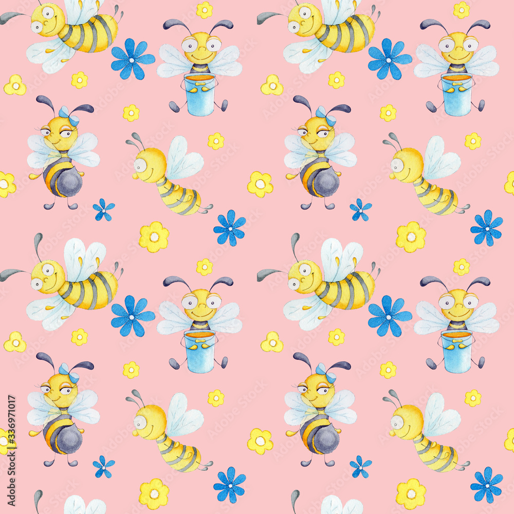 Watercolor pattern with bees and
flowers. Watercolor pattern with bees and
flowers.