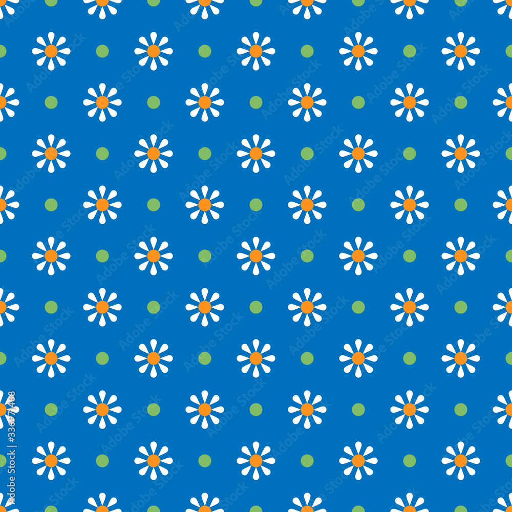 Chamomile geometric seamless pattern. Isolated daisy on dark blue background, abstract simple flower design. Modern minimal design. Vector illustration perfect for graphic design ,textiles, print etc.