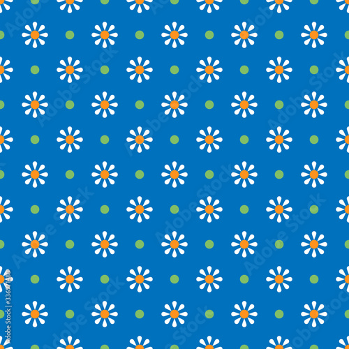 Chamomile geometric seamless pattern. Isolated daisy on dark blue background, abstract simple flower design. Modern minimal design. Vector illustration perfect for graphic design ,textiles, print etc.