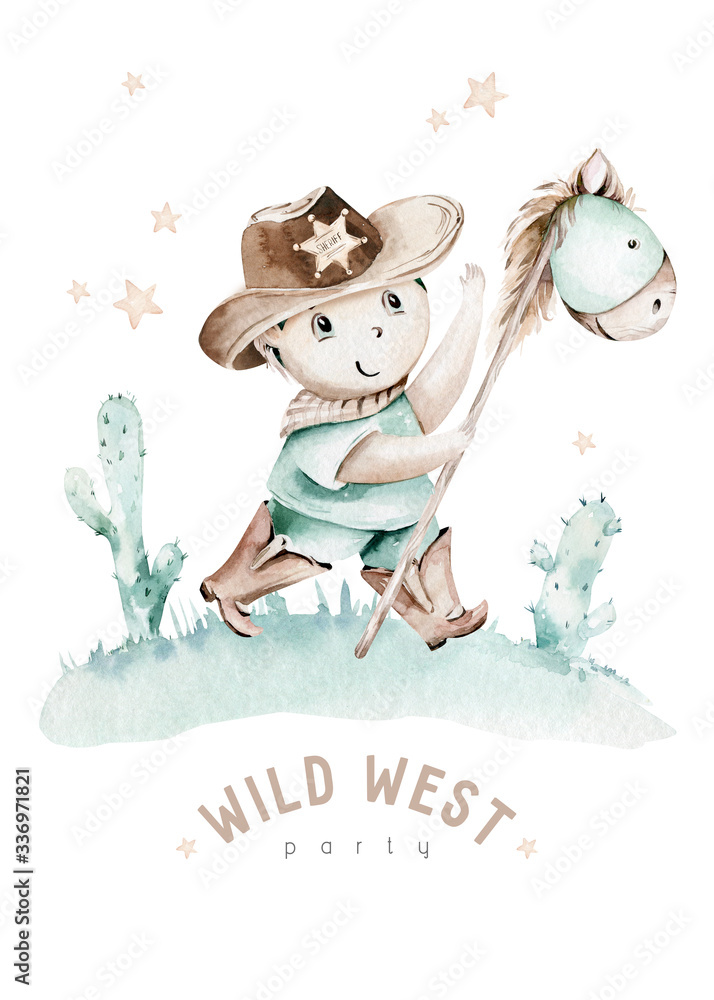 Naklejka premium Western baby boy cowboy in cowboy hat on hay bales watercolor illustration. Cartoon sheriff ans American tribes teepee design. Wild West birthday invitation