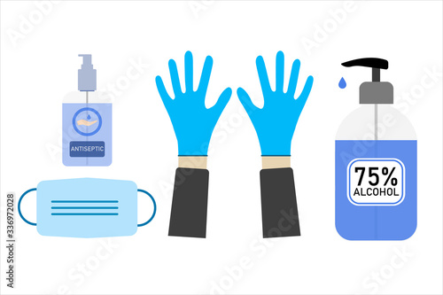 Coronavirus sterilization kit. Medical mask, gloves, antiseptic.
