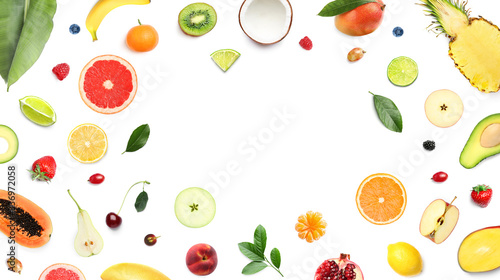 Fototapeta Naklejka Na Ścianę i Meble -  Frame made with different fruits on white background, flat lay