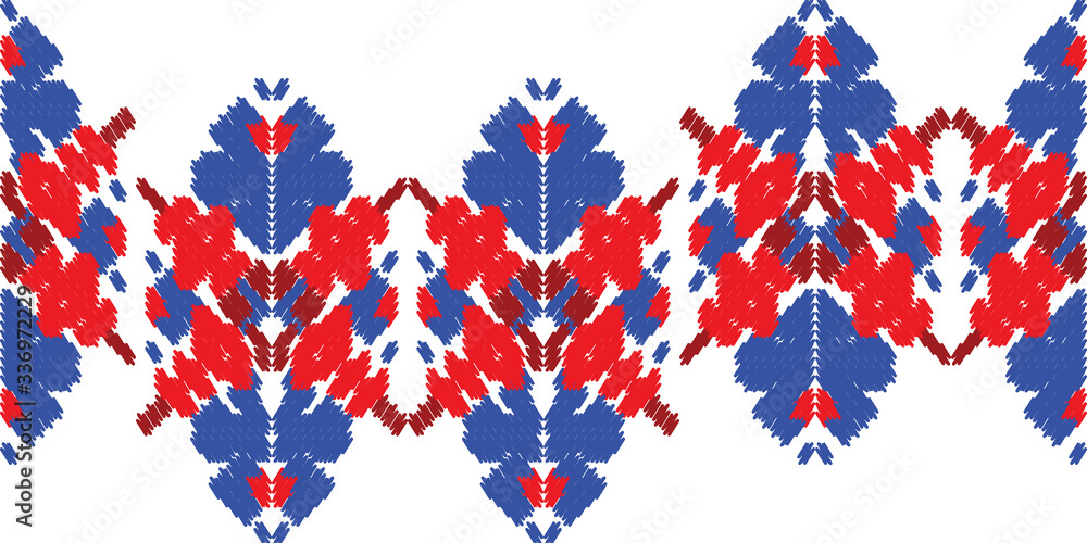 Fototapeta premium Red and blue embroidery ornament. Fashion texture for fabric textile.