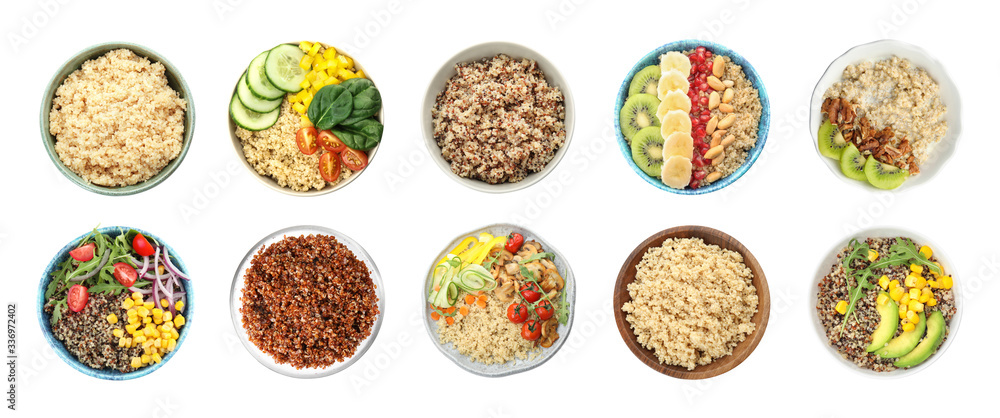 Set of different healthy dishes with quinoa on white background, top view. Banner design Set of different healthy dishes with quinoa on white background, top view. Banner design