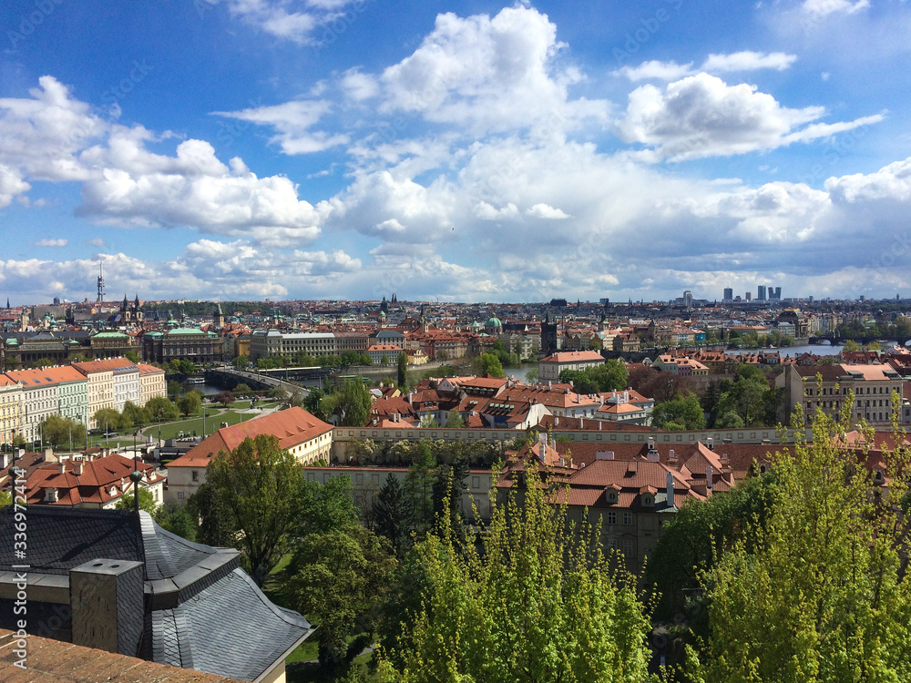 view of Prague from above from the bridge on a Sunny day with sky and beautiful clouds