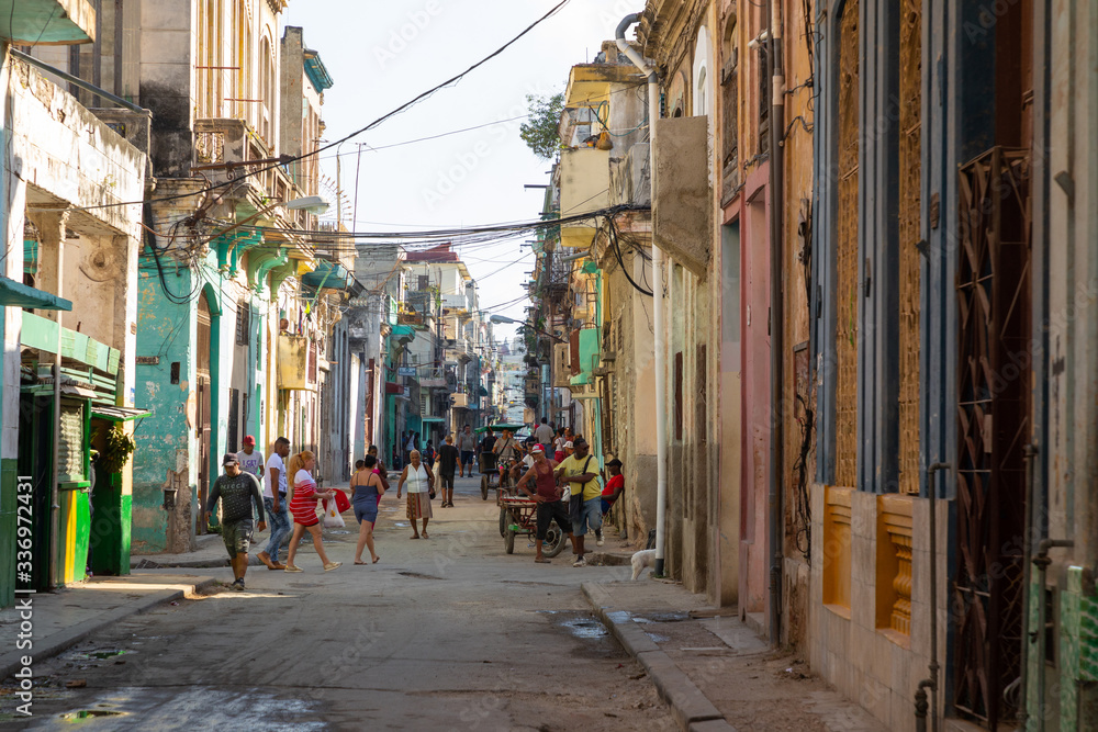Havana Old Town Street with Local People and Tourist. Cuba.
