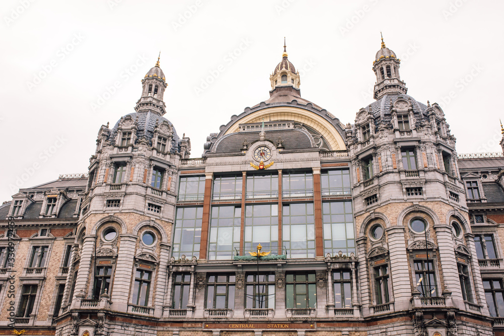 exterior view of the main train station in Antwerp, Belgium.