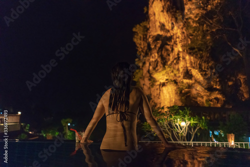 young cute hipster girl travelling at beautiful blue sky paradise tropical coast beach PP Island Krabi Phuket Thailand guiding idea for long weekend female relax rest woman women planning life