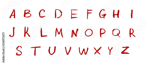 Alphabet letters written with colourful lipstick chalk pencil paint bloody dark red isolated on white background