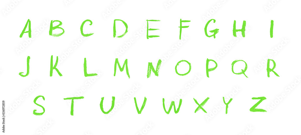 Alphabet letters written with colourful lipstick chalk pencil paint green isolated on white background