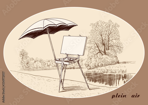Plein Air. Vintage image of the french style easel with  canvas, palette,  brush and an umbrella on the river bank. Painting in the open air. 