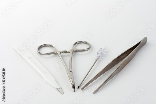 Close up of medical instruments on white background. Instruments  is used for cannulation of central venous catheter in ICU in hospital. photo