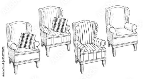 Soft armchair.  Vintage collection . .Hand-drawn vector illustration in a sketch style. Isolated design elements. Clipart..