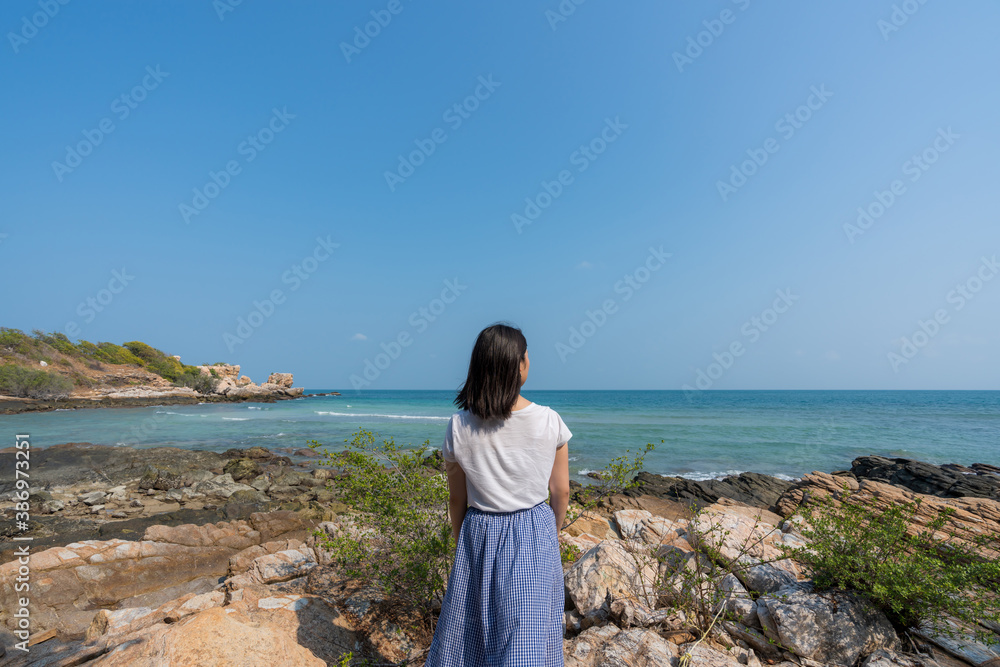 young cute hipster girl travelling at beautiful blue sky paradise tropical 
coast beach PP Island Krabi Phuket Thailand guiding idea for long weekend 
female relax rest woman women planning life