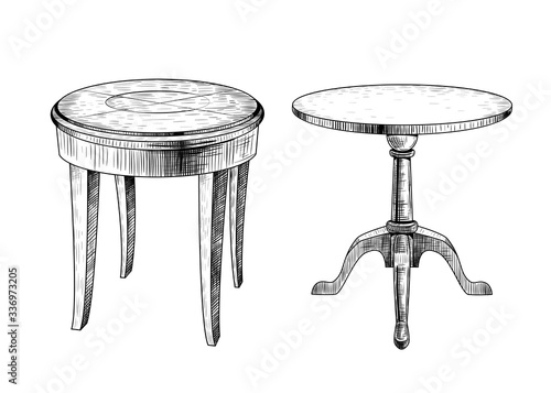 Two coffee tables. Hand-drawn vector .illustration in vintage style. Isolated design elements. Clipart.