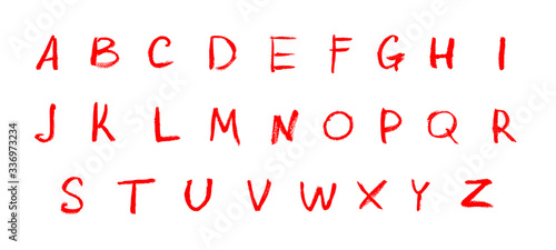 Alphabet letters written with colourful lipstick chalk pencil paint bright red isolated on white background