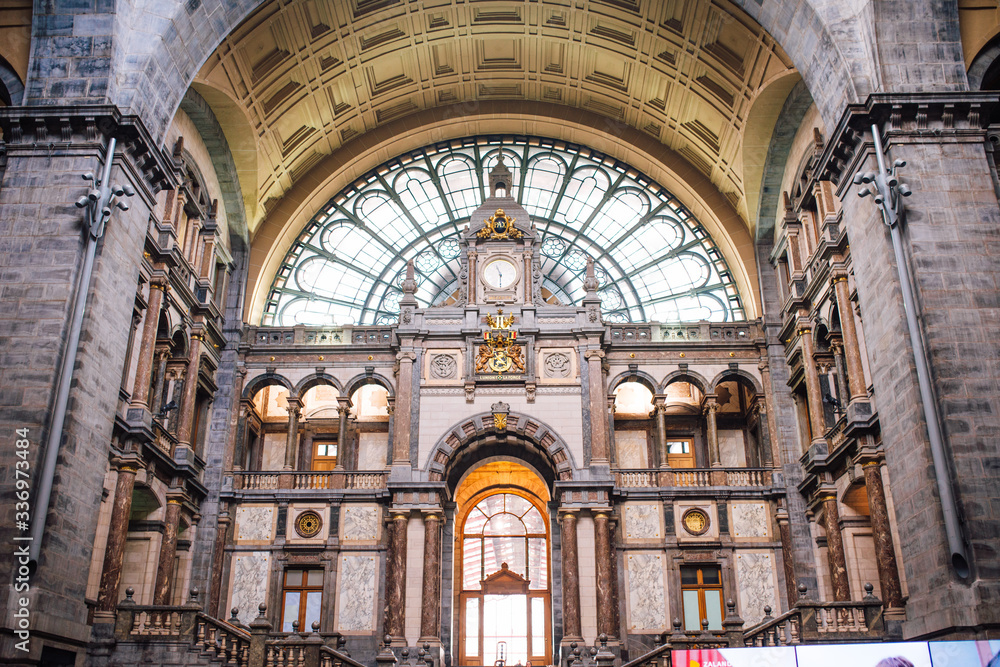 exterior view of the main train station in Antwerp, Belgium.