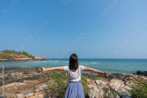 young cute hipster girl travelling at beautiful blue sky paradise tropical  coast beach PP Island Krabi Phuket Thailand guiding idea for long weekend  female relax rest woman women planning life © Tony