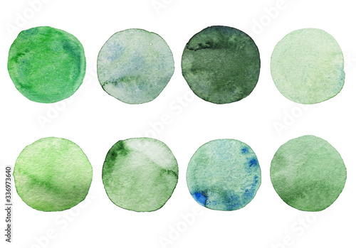 Set of green watercolor dots. Hand painted Spots on a white background. Round, circle. Isolated. Blobs of different color