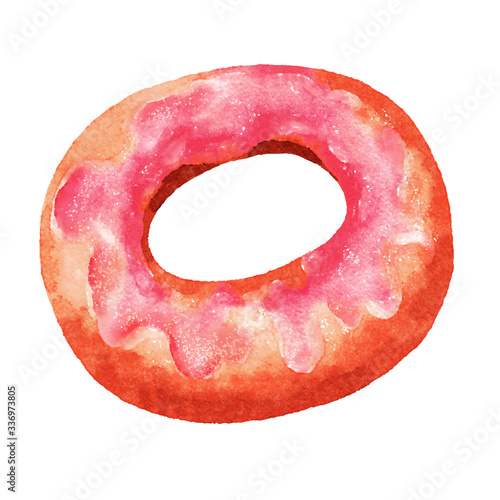 Vector illustration of watercolor sweet donut with pink frosting and sugar powder.