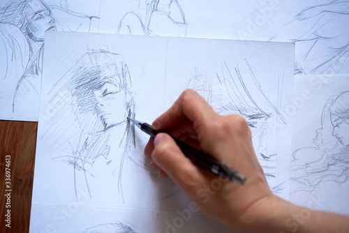 Sketch pencil drawing, face of a young guy. Sketch idea