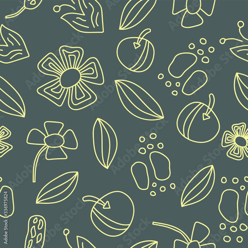 Seamless pattern with leaves, stones, flowers, batterfly, grass. Yellow elements at grey. Cute and funny. For children textile, scrapbooking, wallpaper and wrapping paper. Spring and summer ornament.