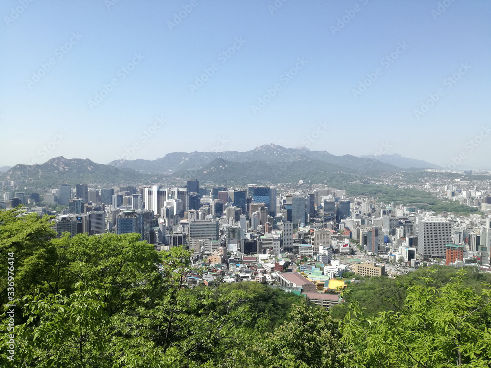 Panoramic view of Seoul from the mountain. South Korea, Asia. Copy space.