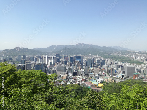 Panoramic view of Seoul from the mountain. South Korea, Asia. Copy space.