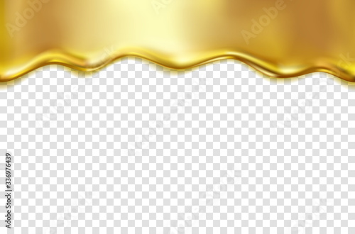 Gold foil drip isolated on transparent background. Golden water, bronze metal melt texture. Vector glossy liquid border template.