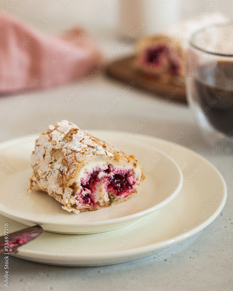 Dessert pistachio roll with raspberry filling. Food photo with space for text, concept of sweets, menu for cafe. Dessert pistachio roll with raspberry filling. Food photo with space for text, concept of sweets, menu for cafe.