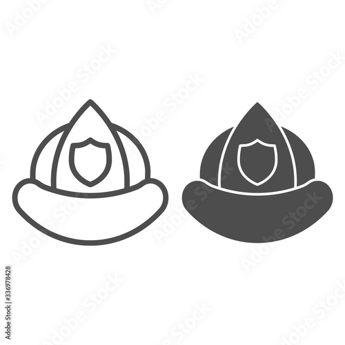 Firefighter helmet line and solid icon. Fireman protection hat with shield emblem outline style pictogram on white background. Firefighting signs for mobile concept and web design. Vector graphics.