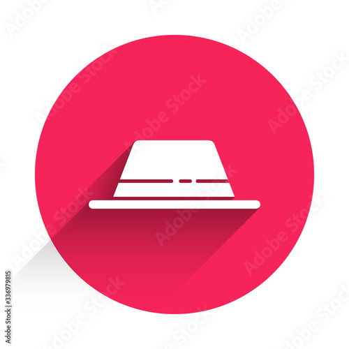 White Man hat with ribbon icon isolated with long shadow. Red circle button. Vector Illustration