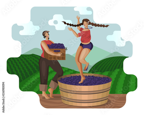 Two beautiful women are crushing grapes with àeet traditional method while dancing in wooden vat