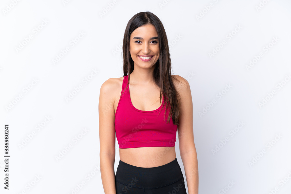 Young sport brunette woman over isolated white background happy and smiling Young sport brunette woman over isolated white background happy and smiling