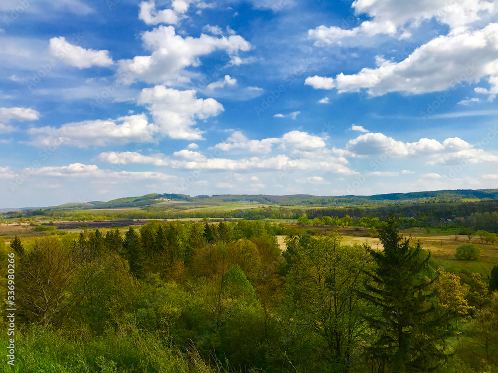 Fototapeta premium Green hills in summertime. Great outdoor nature scenery. Forest and deep blue sky with clouds. Beautiful landscape.