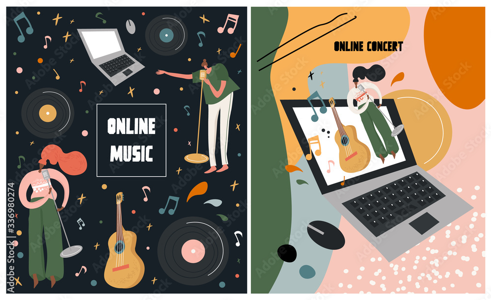 Obraz premium Music fest, concept of live online music translation, jazz and country, event poster and banner. Set of bright vector illustration with singers on the topic of online concert. Broadcast music event.