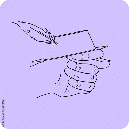 Fico or fig gesture with a hat with feather drawn by means of black lines on the purple background with word no. The concept of fool or stupid person